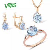 VISTOSO Jewelry Set For Woman Pure 14K 585 Rose Gold Sparkling Sky BluSPECIFICATIONSBrand Name: VISTOSOMetals Type: Rose GoldMetal Stamp: 14kOrigin: Mainland ChinaCertificate: YESMain Stone: TopazStyle: TRENDYShape\pattern: RoundFine oJewelry CirclesJewelry CirclesWoman Pure 14K 585 Rose Gold Sparkling Sky Blue Topaz Diamond Earrings Ring Pendant Set Fine Jewelry