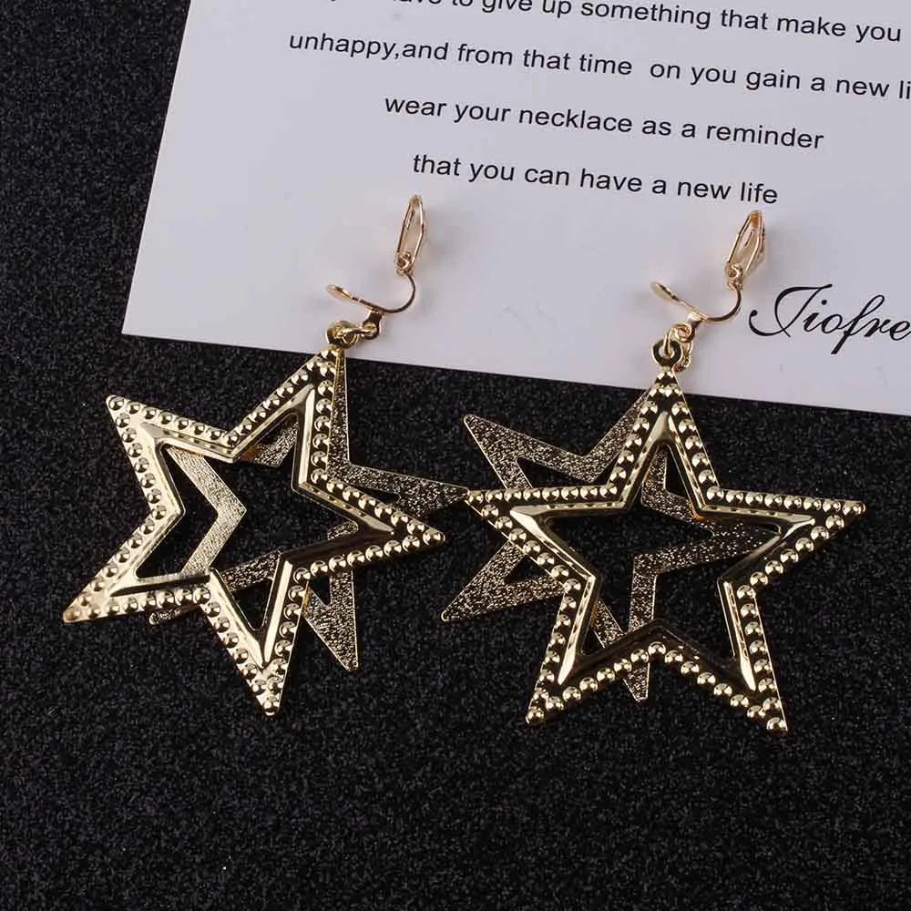 2018 New Sale five-pointed star Trendy Stars Clip Earrings For Women ESPECIFICATIONSBrand Name: JIOFREEMaterial: MetalGender: WomenEarring Type: Clip EarringsShape\pattern: StarFine or Fashion: FashionStyle: PunkItem Type: EarringsModeJewelry CirclesJewelry Circles-pointed star Trendy Stars Clip Earrings