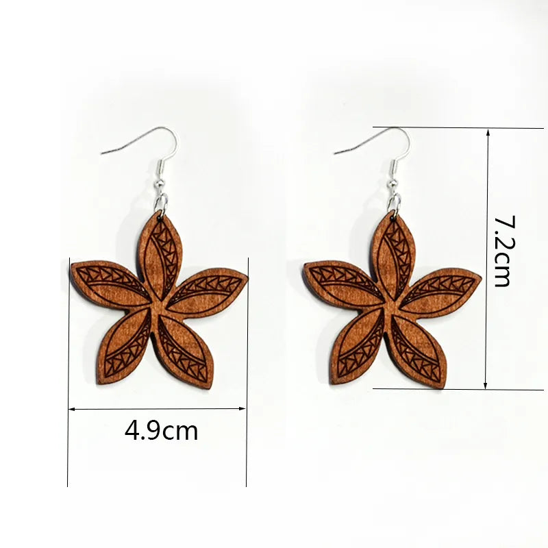 Women Wood Flower Drop Pendant Earrings Female Statement Retro Casual Ethnic Earrings Ladies Girls Party Travel Earwear