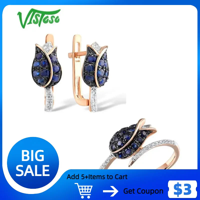 VISTOSO Jewelry Set For Woman Pure 14K 585 Rose Gold Sparkling Blue SaSPECIFICATIONSBrand Name: VISTOSOMetals Type: Rose GoldMetal Stamp: 14kOrigin: Mainland ChinaMain Stone: TopazStyle: TRENDYShape\pattern: RoundFine or Fashion: FineGJewelry CirclesJewelry CirclesWoman Pure 14K 585 Rose Gold Sparkling Blue Sapphire Diamond Tulip Earrings Ring Set Fine Jewelry