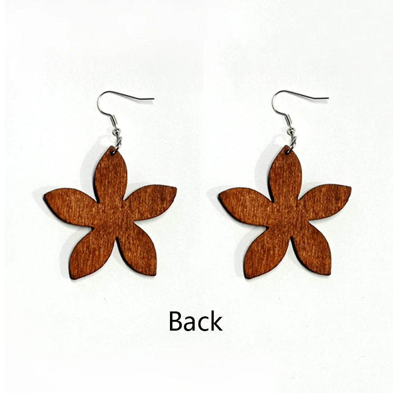 Women Wood Flower Drop Pendant Earrings Female Statement Retro Casual Ethnic Earrings Ladies Girls Party Travel Earwear