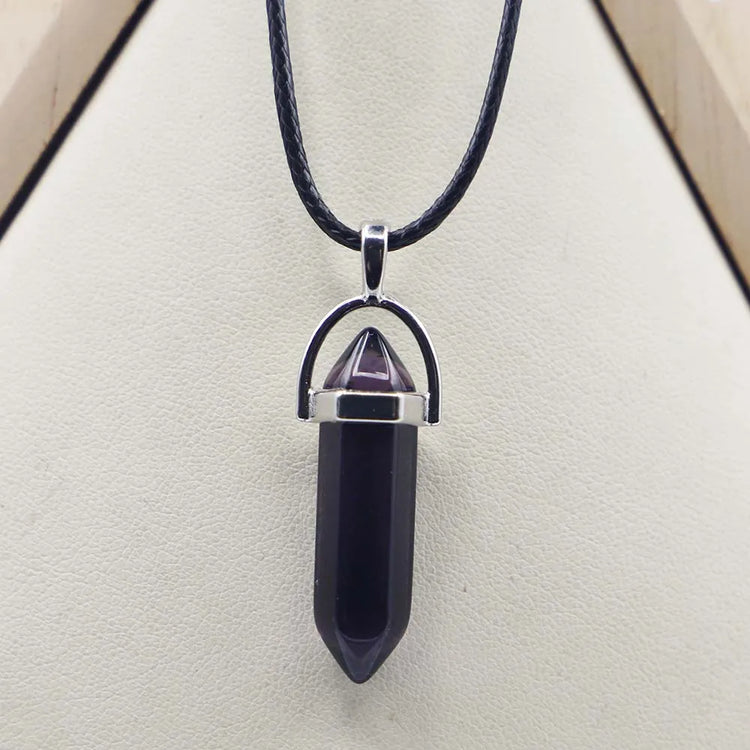 Natural Agate Glass Hexagonal Column Point Leather Cord Necklace PendaSPECIFICATIONSBrand Name: NoneMetals Type: Stainless SteelOrigin: Mainland ChinaCN: ZhejiangNecklace Type: Chains NecklacesMaterial: glassGender: lovers&