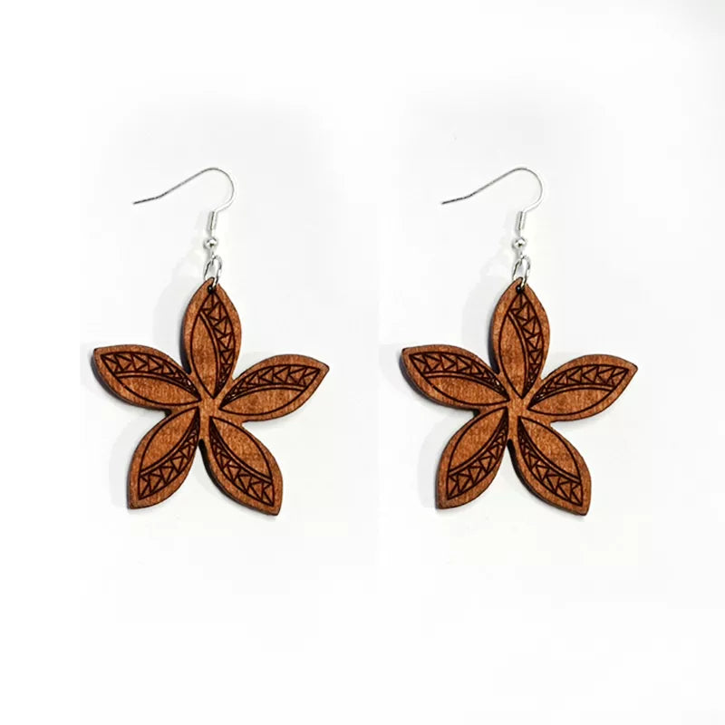 Women Wood Flower Drop Pendant Earrings Female Statement Retro Casual Ethnic Earrings Ladies Girls Party Travel Earwear