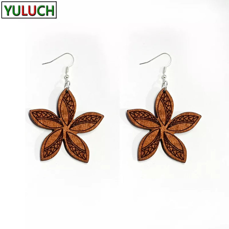 Women Wood Flower Drop Pendant Earrings Female Statement Retro Casual Ethnic Earrings Ladies Girls Party Travel Earwear