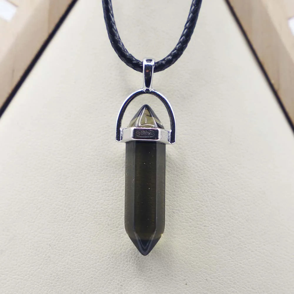 Natural Agate Glass Hexagonal Column Point Leather Cord Necklace PendaSPECIFICATIONSBrand Name: NoneMetals Type: Stainless SteelOrigin: Mainland ChinaCN: ZhejiangNecklace Type: Chains NecklacesMaterial: glassGender: lovers&