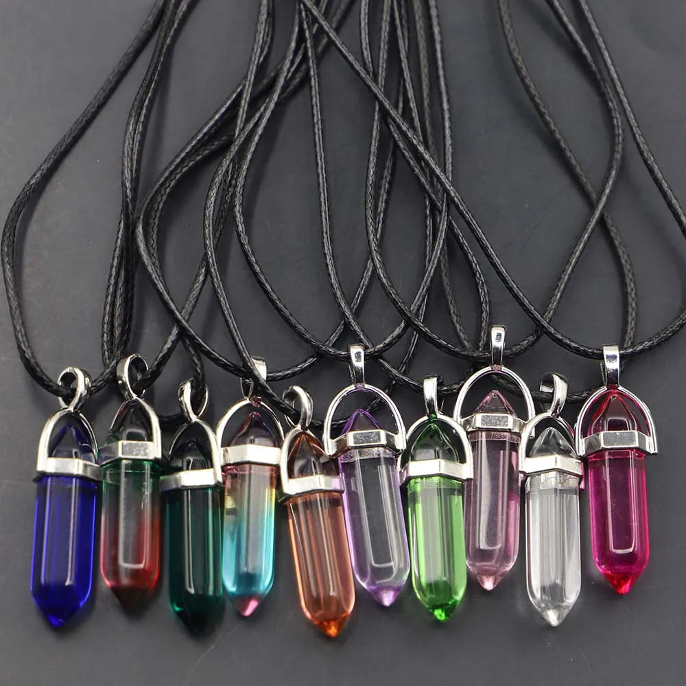 Natural Agate Glass Hexagonal Column Point Leather Cord Necklace PendaSPECIFICATIONSBrand Name: NoneMetals Type: Stainless SteelOrigin: Mainland ChinaCN: ZhejiangNecklace Type: Chains NecklacesMaterial: glassGender: lovers&