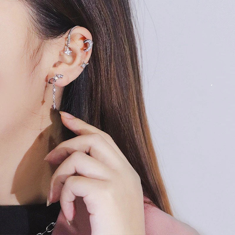 1 Pc Hot Sale Sweet Inlay Zircon Moon Star Ear Bones Clip Women&