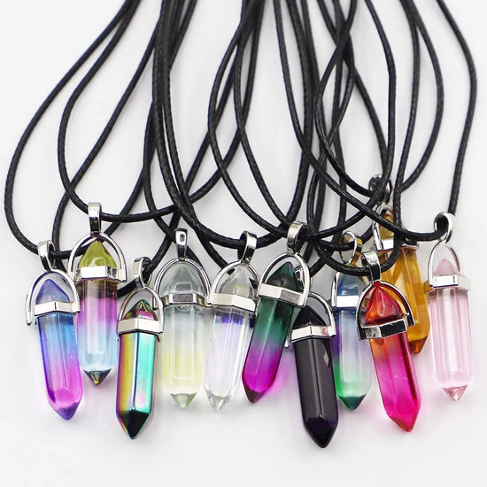 Natural Agate Glass Hexagonal Column Point Leather Cord Necklace PendaSPECIFICATIONSBrand Name: NoneMetals Type: Stainless SteelOrigin: Mainland ChinaCN: ZhejiangNecklace Type: Chains NecklacesMaterial: glassGender: lovers&