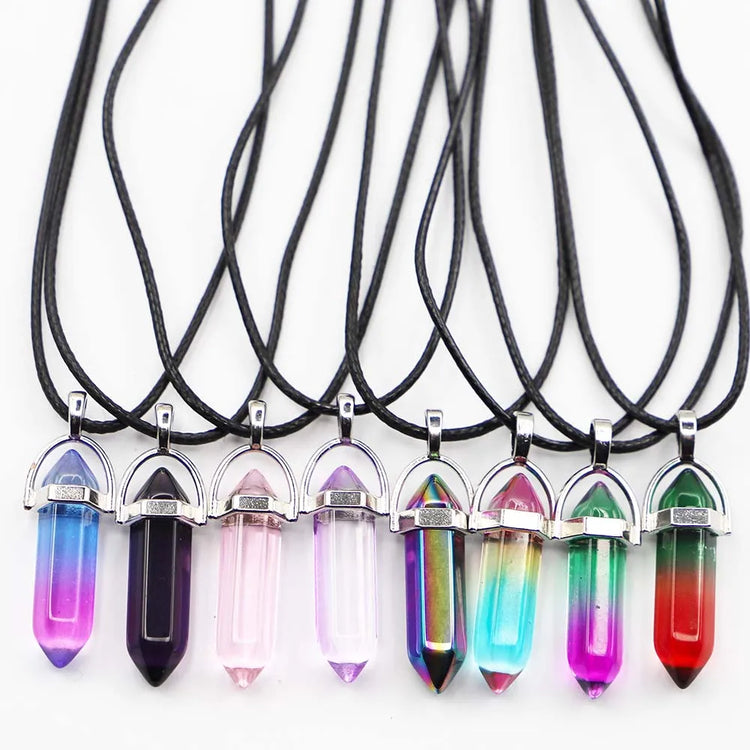 Natural Agate Glass Hexagonal Column Point Leather Cord Necklace PendaSPECIFICATIONSBrand Name: NoneMetals Type: Stainless SteelOrigin: Mainland ChinaCN: ZhejiangNecklace Type: Chains NecklacesMaterial: glassGender: lovers&