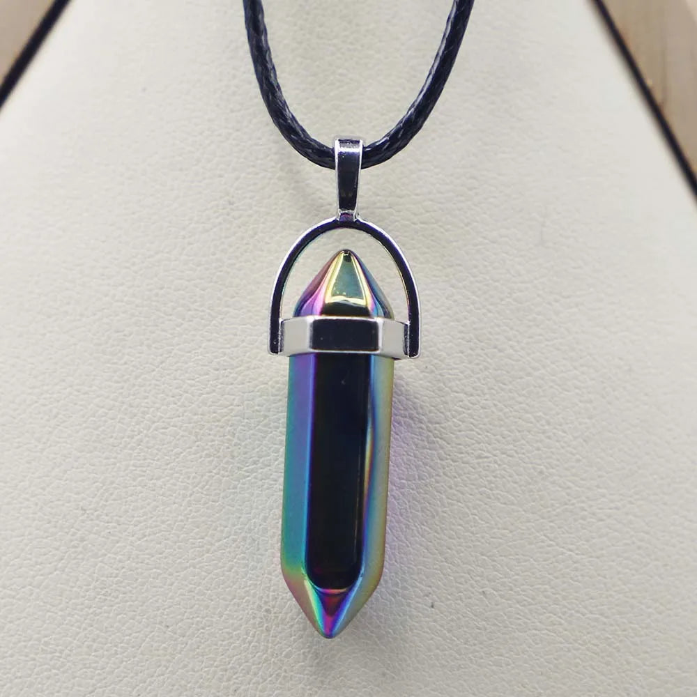 Natural Agate Glass Hexagonal Column Point Leather Cord Necklace PendaSPECIFICATIONSBrand Name: NoneMetals Type: Stainless SteelOrigin: Mainland ChinaCN: ZhejiangNecklace Type: Chains NecklacesMaterial: glassGender: lovers&