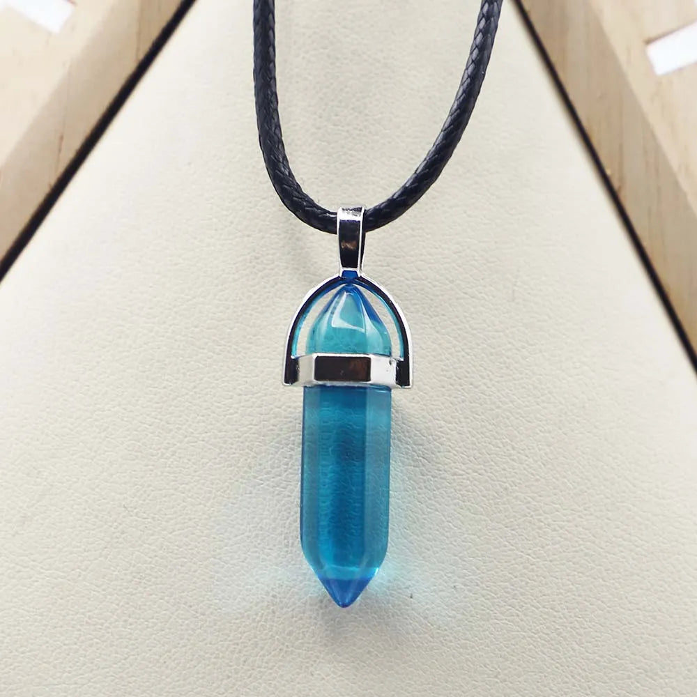 Natural Agate Glass Hexagonal Column Point Leather Cord Necklace PendaSPECIFICATIONSBrand Name: NoneMetals Type: Stainless SteelOrigin: Mainland ChinaCN: ZhejiangNecklace Type: Chains NecklacesMaterial: glassGender: lovers&