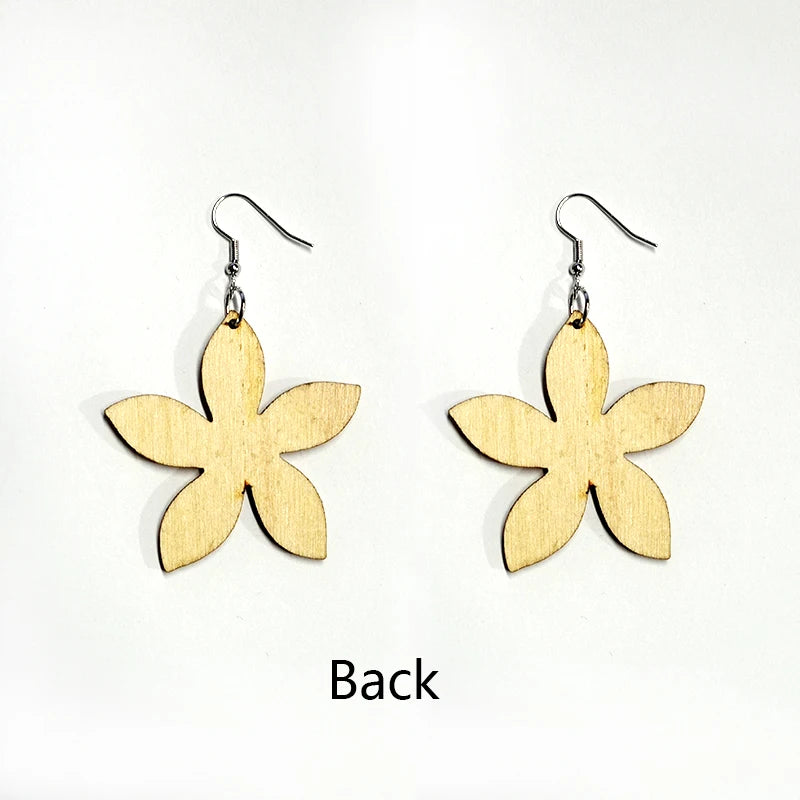 Women Wood Flower Drop Pendant Earrings Female Statement Retro Casual Ethnic Earrings Ladies Girls Party Travel Earwear